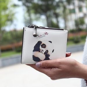 Plånböcker tecknad söt dubbel dragkedja fäll spänne korta damer handväska pu läder panda tryck plånbok