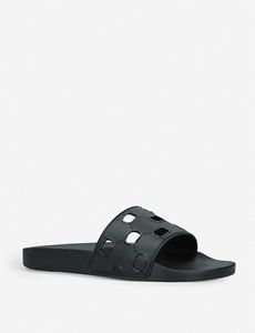 MENS WOMENS UNISEX Black Cut-Out Rubber Sliders Luxe Pool Flat Slippers With Designer-Stemped Sole Euro 35-46