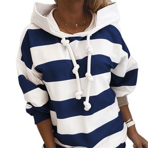 Stripe Women's Sweatshirt med en huva tappade axel långärmad huva hoody kvinnlig casual höst lösa damer hoodies 210816