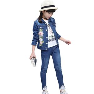 Abbigliamento per bambini Floreale Abbigliamento per ragazze adolescenti Giacca di jeans + Jeans Set Tute per bambini stile casual 210527