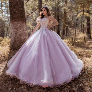 Pink Rhinestones Ball Gown Quinceanera Dresses Sweetheart Neck Lace Appliqued Prom Gowns Sweep Train Tulle Sweet 15 Masquerade Dress