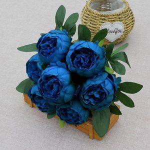 Decorative Flowers & Wreaths 7 Heads Artificial Peony Bouquets Wedding Arrangement,Blue Red White Silk Peonies Flower Home Office Table Deco