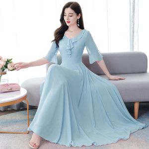 Quality 2021 High Solid Chiffon Sweet Maxi Dress Summer Vintage 4XL Plus Size Midi Sundress Women Elegant Bodycon Party Vestidos C0304