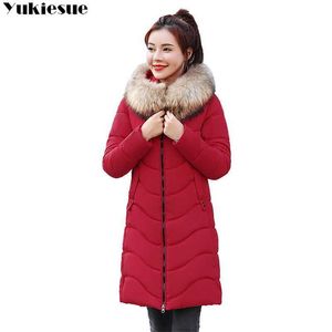 ウィンタージャケットの女性の毛皮のフード付きパーカーロングコットンパッドドコート暖かい厚いジャケータフェミニナプラスサイズ210608