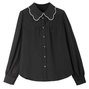 Damska wiosna jesień styl koszula Elegancka jednolita kolor przycisku z długim rękawem Peter Pan Collar Vintage Casual Topy DF3899 210609