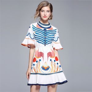 High Quality Dress for Lady summer Women Runway Designer Print Flare Sleeve Ruffle mini bohemia boho dress 210603
