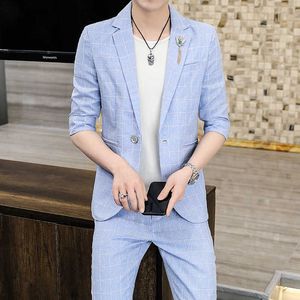 2021 neue Sommer Mode Casual männer Karierten Baumwolle Leinen Einzigen Taste Slim Sleeve Zwei Stück männer Anzug X0909