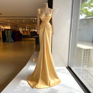 Şık Saten Mermaid Abiye Dantel Uzun Kollu Sevgiliye Plise Balo Abiye Kadınlar Örgün Giyim Vestidos De Novia