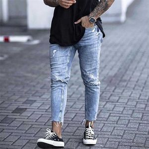 Casual Skinny Jeans Ankle Length Ripped Denim Pant Zipper Fly Men Clothing Cut Bottom Pencil Light Blue Cowboys Streetwear 211108