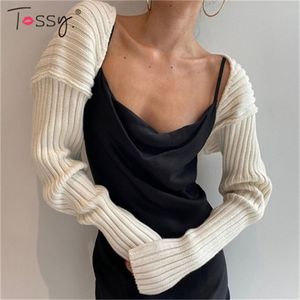 Tossy White Women Sweater Shrugs Beskuren Top Full Lantern Sleeve Knitwear Pullover Sexig Sommar High Street Outwear Spring 210805