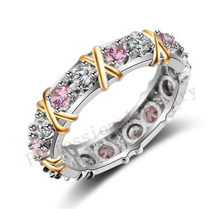 Size 5-11 Handmade Luxury Brand Jewelry Overlay 925 Sterling silver Pink AAA CZ stones Wedding Gold Band Rings for Women gift 211217