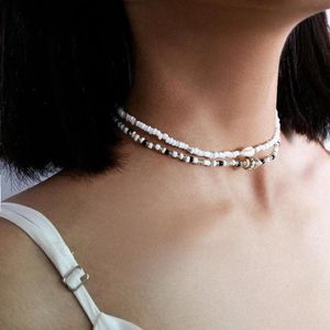 Chokers Shixin Ayrılabilir 2 Katmanlı Beyaz/Siyah Boncuklar Kolay