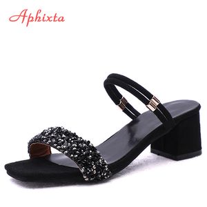 Apixta Buty Damskie Sandały Luksusowe Kryształowe Buty Lato Otwarte Uteresa Klamra Chunky Obcasy Rhinestone Kapcie Srebrny Złoty Duży rozmiar K731