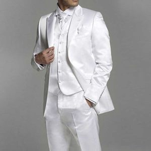 White Satin Groom Tuxedo for Wedding with Peaked Lapel 3 Piece Custom Man Suits Groomsmen Fashion Clothes Jacket Vest wth Pants X0909