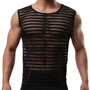 Top Top Top Top Fitness Roupas Homens Bodybuilding Transparente Ginásio Striped Underwear Musiculação Ropa Hombre Vest Sem Mangas