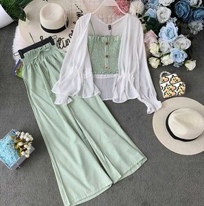 Fashion Suit Female Summer Camisole + High Waist Wide Leg Pants Trousers + Sunscreen Cardigan Jacket Three-piece Suit Y0625