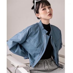 Women's Jackets Jacket Woman Short Stand Collar Leather Faux Fur Bomber 2022 Spring Fashion Chic Loose Solid Color Coat Office Lady