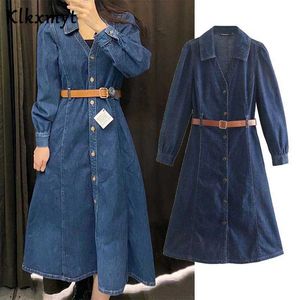 Klkxmyt za klänning kvinnor england high street vintage långärmad denim midi mode med bälte kvinnlig chic vestidos 210527