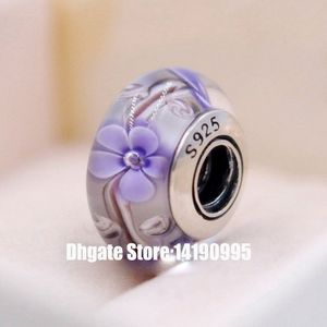 2ピース925スターリングシルバーコア紫色の花ムラノガラスビーズフィットPandoraスタイルジュエリーブレスレット