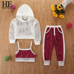 Baby Girl Kids Sommar Outfits Kläder Satser Net Hooded T-shirt Toppar Byxor Casual Sets Teenage Girls Tracksuits