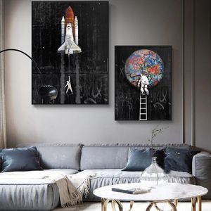 Arte Graffiti Espaço Astronauta Sonhando Spacecraft Lona Pintura de Pintura de Pintura para Sala de estar Pôsteres e Imprime Home Decor