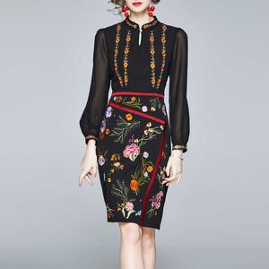 Women Elegant Casual Office Look Workwear Party Dress Solid High End Vintage Floral Embroidered 210529