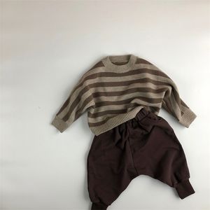 Sweter dziecinny i jesień pulower dla dzieci zagęszczający długi rękaw okrągły szyję paski brązowe dziewczyny 210702