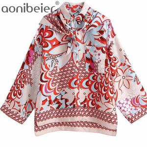 Ornate Print Summer Long Sleeve Women Shirts Button-up Loose Shirt Female Tops Blouses with Scarf Lady Pant Set 210604