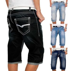 Homens jeans shorts verão casual hetero rua streetwear masculino solto joelho comprimento jean calças preto bolso azul 211108