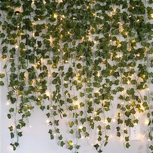 Decorative Flowers & Wreaths 2.3m Artificial Creeper Green Leaf Ivy Vine With 2m LED String Lights Set DIY Wedding Party Light Garlands