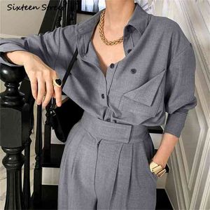 Schicke Anzughose Frau 2-teiliges Set Frühling graue einreihige Bluse + weitbeinige Hose Bürodame Business Herbst 210603