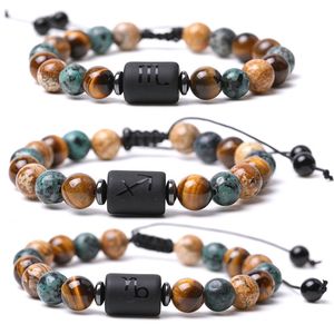 12 Constellation Classic Strands Casal Pulseira Picture Tigre Olho Pedra Natural Rodada Bordada Bordada Cordilheira Livre Tamanho Cura Pulseiras