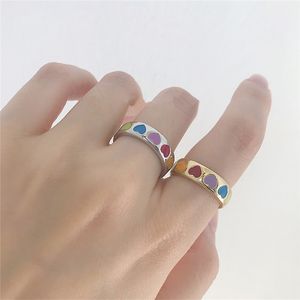 Vintage Boho Colorful Enamel Love Heart Open Rings Cute Simple Gold Silver Color Band Rings Adjustable Finger Ring for Women Punk Jewelry