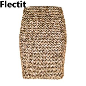 Flectit Womens Skirts Gold Sequined Mini Bodycon Pencil Short Wrap for Office Lady Party Girl Saia 210629