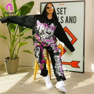 Graffiti Print Women Two-piece Set Loose Hoodies and Baggy Sweatpants Black High Street Jogging Pants Matching Suit Set Outfits Y0625