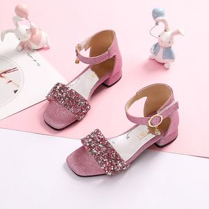 Sommer Kinder Schuhe für Mädchen Sandalen Mode Pailletten Niedrige Ferse Große Mädchen Schuhe Römische Sandalen Buchstaben 27-38 STQ030 210226