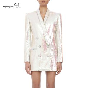 White Glitter Top Woman Coat Fashion Slim V Neck Sexy OL Style Day Suit Jacket Spring Ladies 211122