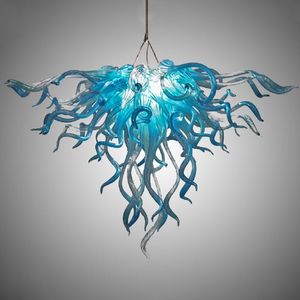 Nordisk kvalitet handblåst glaslampa Dale Chihuly stil ljuskrona belysning Aqua blå LED flush monterad hängande ljus fixtur 24 med 20 tum