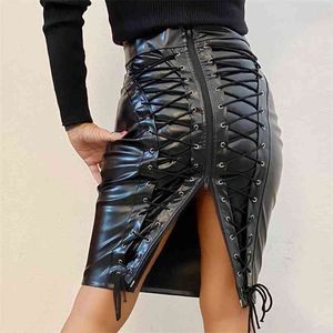 Steampunk Moda Długość Kolana Spódnica Lady Faux Leather High Paist S z powrotem Zipper Bodycon Ołówek dla kobiet 210708