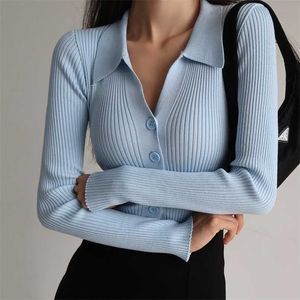 Women Lapel Slim Slimming Tops Ladies Hollow Buttons Sexy V Neck Long Sleeve POLO Knit Cardigan Sweater 211011