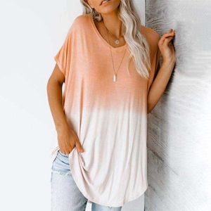 Summer Gradient Print V Neck Loose Short Sleeve T-Shirt Women Casual Mid Length Ladies Streetwear Irregular Hem Tops Tee Shirt 210608