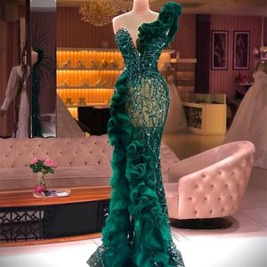Se igenom Green Evening Dresses Side Split Ruffles Lace Beading Prom Dress Sequins Vestido de Novia Party Andra receptionen klänningar