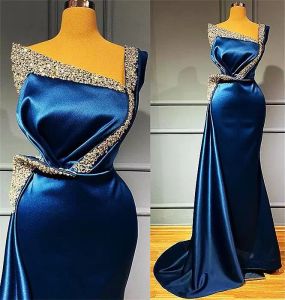 Royal Blue Satin Mermaid Formal Aftonklänningar för Kronor Crystal Beaded Plus Size Prom Party Gowns Robe de Marriage CG001