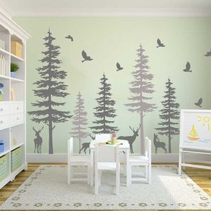 Large Pine Tree Deer Animal Wall Sticker Office Dorm Room Jungle Forest Deer Tree Birds Wall Decal Bedroom Nursery Vinyl Decor 210705