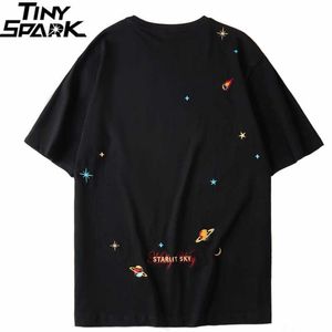 Erkekler Hip Hop T Gömlek Harajuku Nakış Gezegen Uzay T-Shirt Streetwear Hiphop Starlit Gökyüzü Tshirt Yaz Tops Tees Pamuk 210707