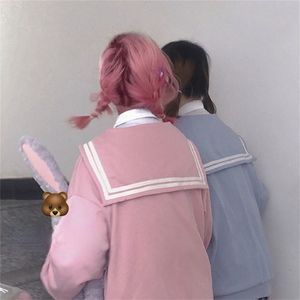 Qweek Kawaii Zip Up Hoodie Sailor Collar Suéter Japão Estilo Longa Manga Bonito Tops Para Adolescentes JK Rosa Marinha Macia Kpop 210809