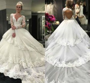 Långa ärmar klänningar spetsapplikation pärlstav tiered kjol tyll svep tåg v hals anpassad bollklänning bröllopsklänningar vestido estido