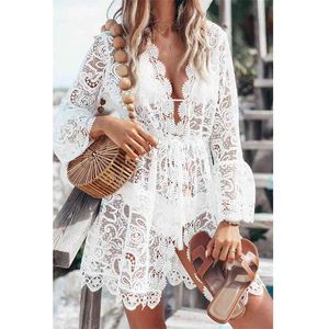 Lato Kobiety Bikini Cover Up Floral Koronki Hollow Crochet Swimsuit Cover-Ups Garnitur Kąpielowy Beachwear Tunika Plażowa Dress 210623