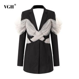 Damskie Garnitury Blazers VGH Casual Black Cut Out Patchwork Mesh Kobieta Blazer Notched Z Długim Rękawem Koreańskie Proste Kobiety Kurtki Wiosna 2021