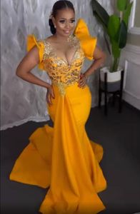 2022 Plus Size Arabic Aso Ebi Yellow Mermaid Sexy Prom Dresses Lace Crystals Satin Evening Formal Party Second Reception Bridesmaid Gowns Dress ZJ266